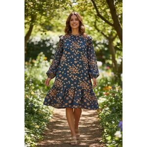 Time & Tru Floral Ruffle Shoulder Mini Dress Womens M 8/10 Blue Orange Boho